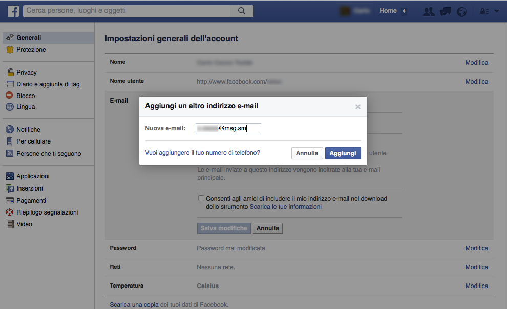 Configurazione Facebook - Inserimento nuovo indirizzo e-mail