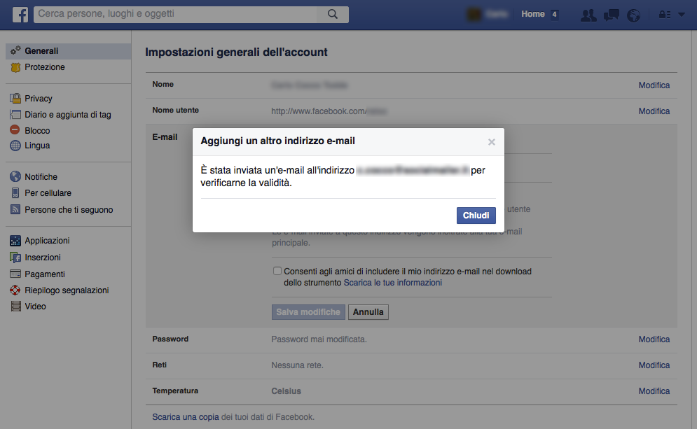 Configurazione Facebook - Invio e-mail di conferma per inserimento nuovo indirizzo e-mail 