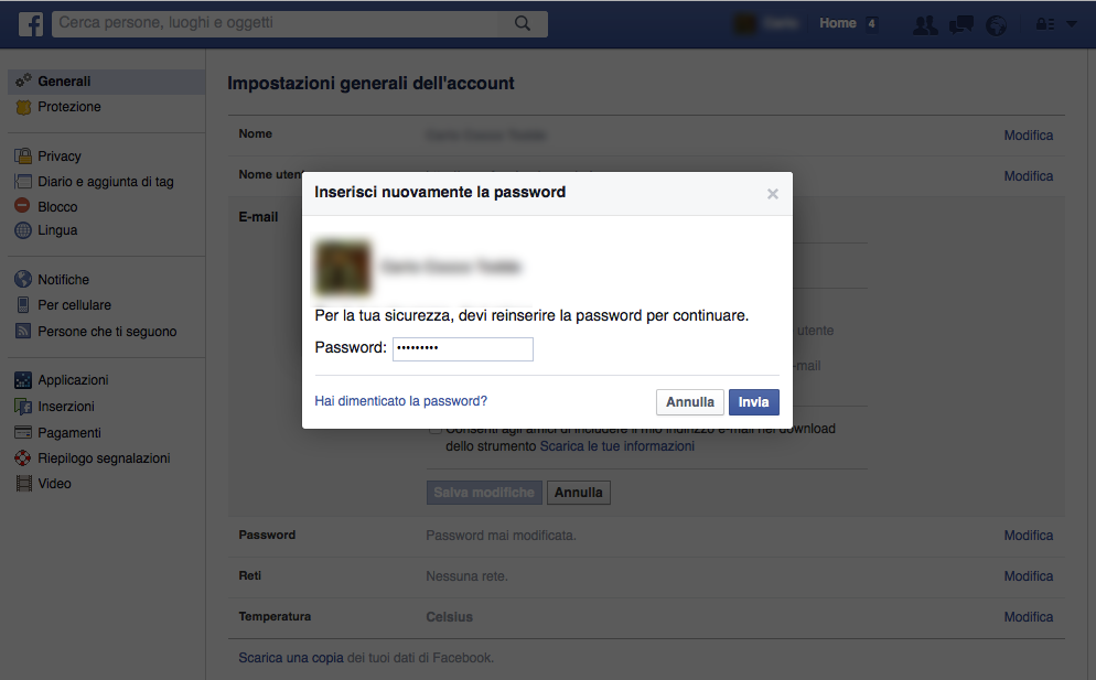 Configurazione Facebook - Richiesta password per inserimento di un nuovo indirizzo e-mail
