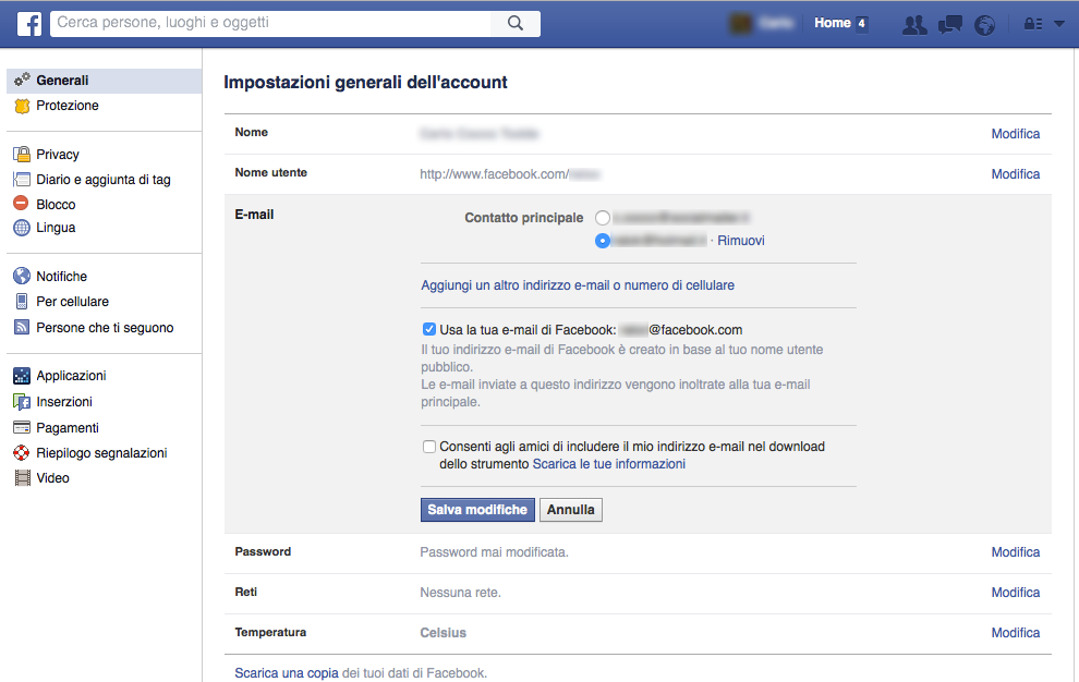 Configurazione Facebook - Salva modifiche inserimento nuovo indirizzo e-mail